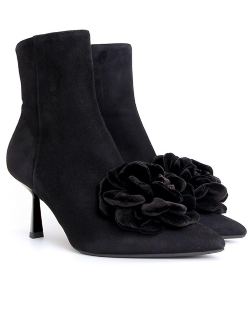 Agl Black Suede made in Italy Floral Appliqué heeled Ankle Boots